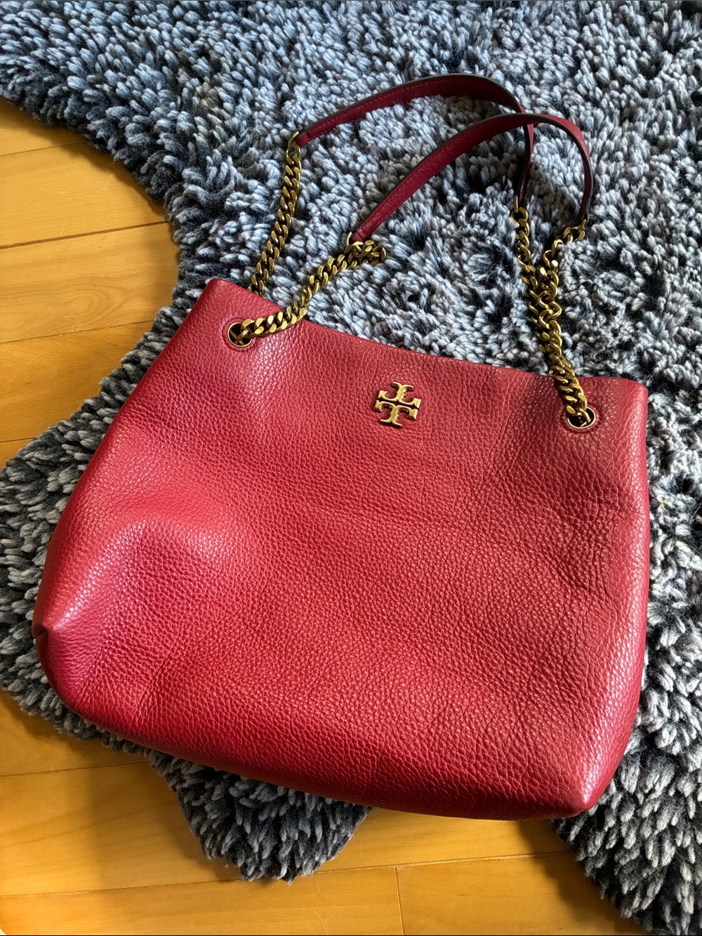 Tory Burch Red Pebbled Leather Chain Shoulder Tote